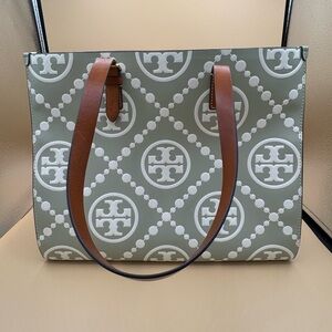 Tory Burch T Monogram Contrast Embossed 2-Sided Tote Bag in Green & Cream, Large